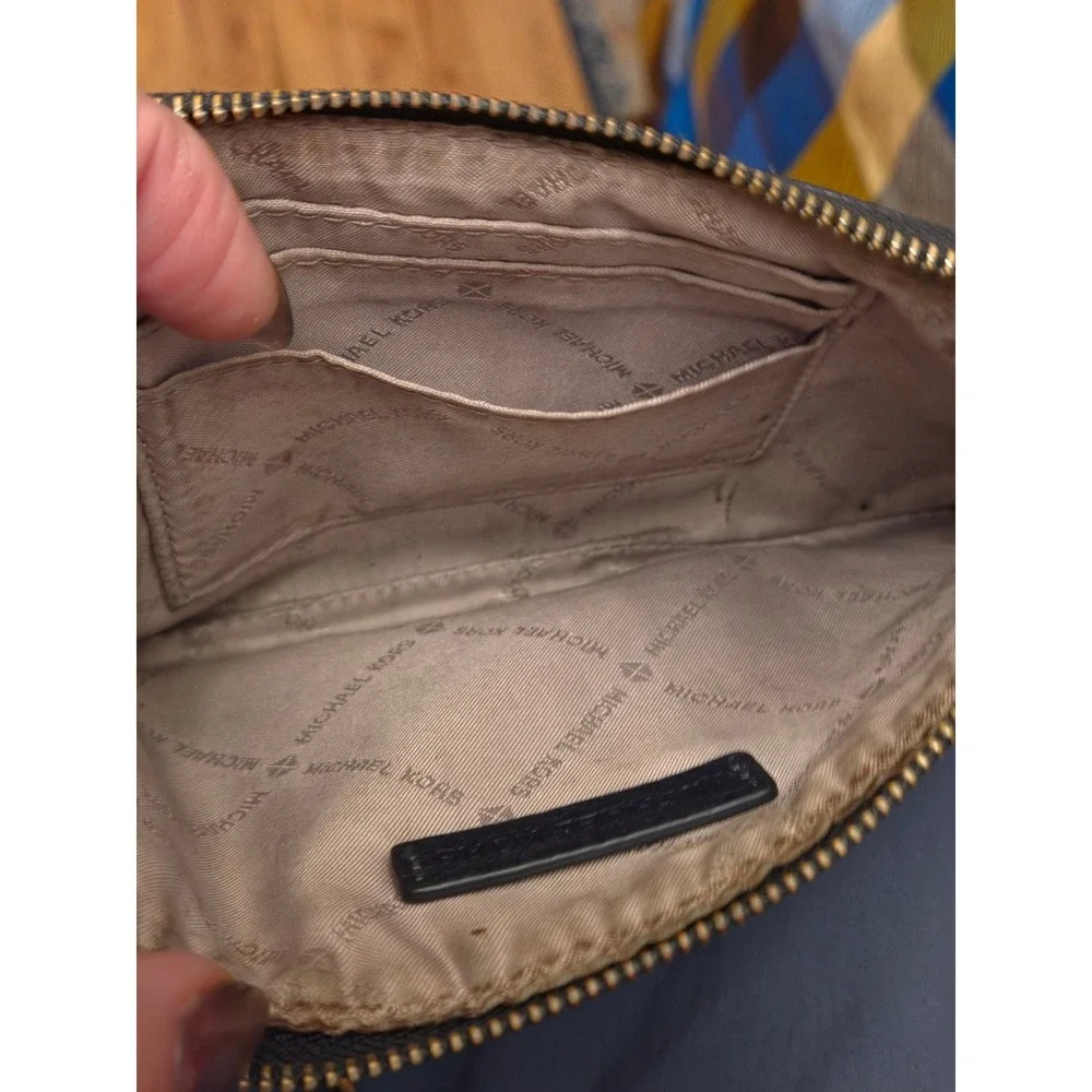 Michael Kors Navy Blue Monogram Wristlet Pouch MK Logo Silver Tone Hardware